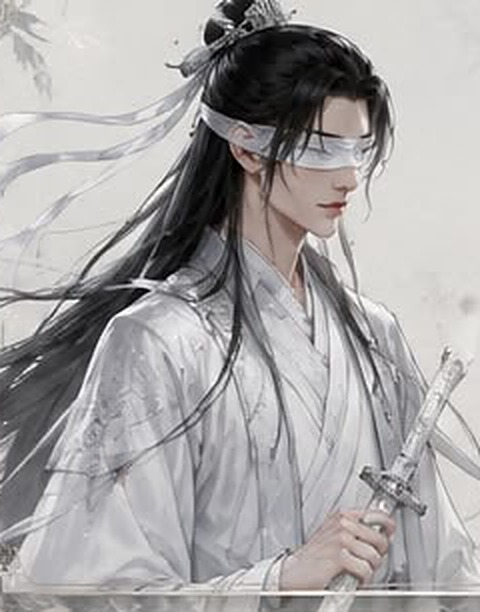 Zhou Jinhai, a blind immortal cultivator in white robes, a silk band across his eyes, holding a sheathed sword